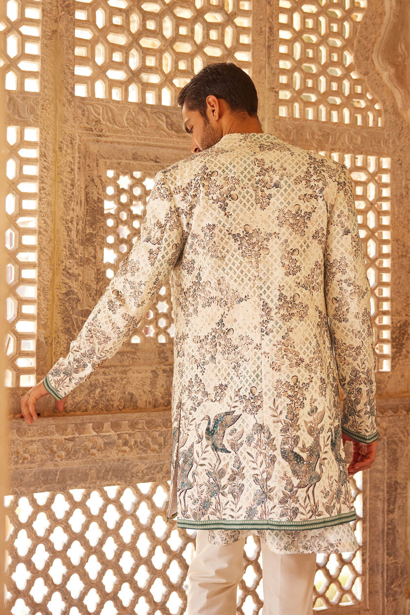 Rukham Printed Silk Sherwani - Ivory, Ivory, image 2