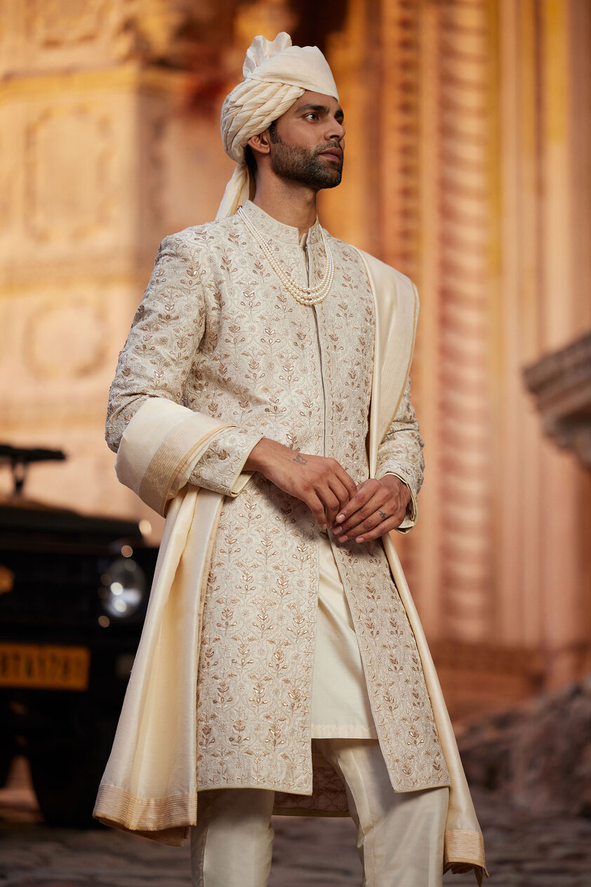 Devarsh Gota Patti & Aari Silk Sherwani - Ivory, Ivory, image 3