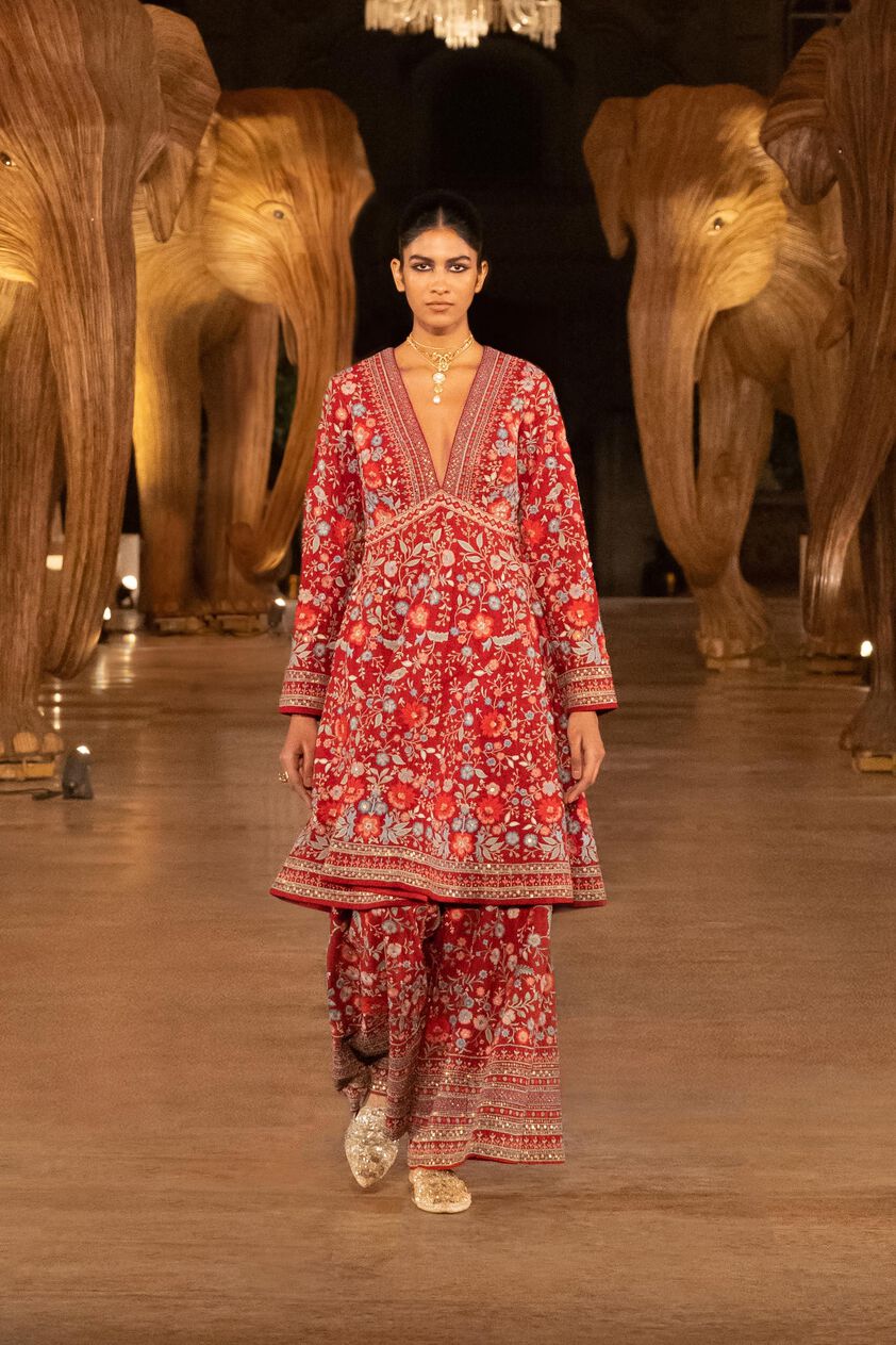 Floral Ballad Embroidered Zardozi Silk Kurta Set - Red, Red, image 9