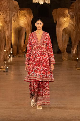 Floral Ballad Embroidered Zardozi Silk Kurta Set - Red, Red, image 9