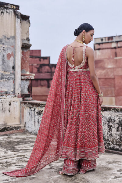 Arvia Printed Mul Anarkali Set - Red