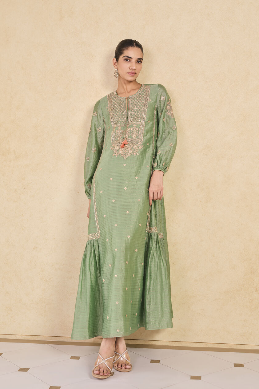 Molopo Embroidered Zardozi Mul Kaftan - Sage, Sage, image 1