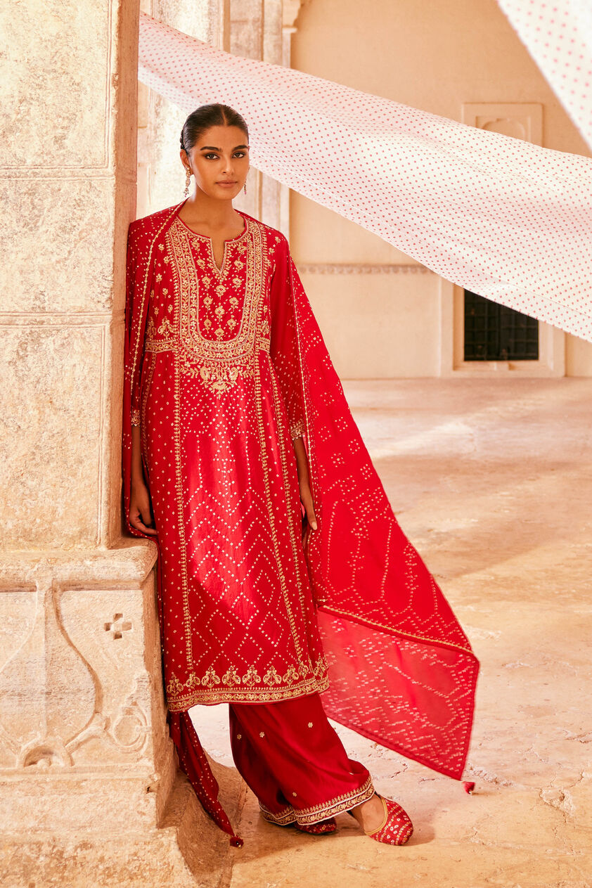 Cinnabar Handcrafted Bandhani Silk Suit Set - Red, Red, image 1