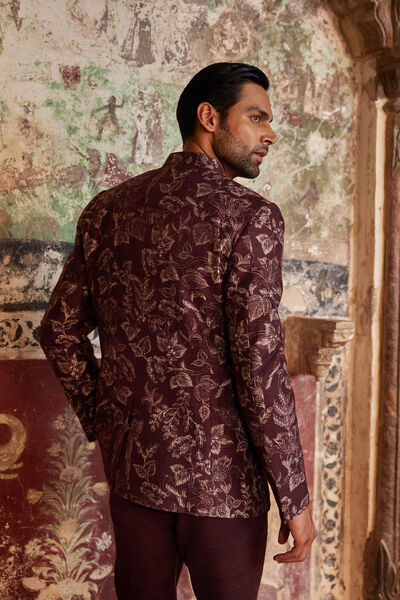 Nilav Printed Silk Bandhgala - Maroon