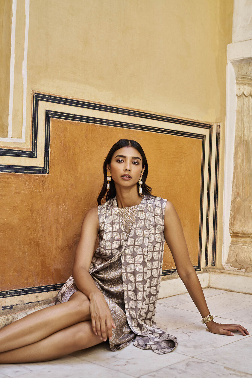 Reverie Hand-block Printed Gold Khadi Overlayer Dress - Grey, Grey, image 3