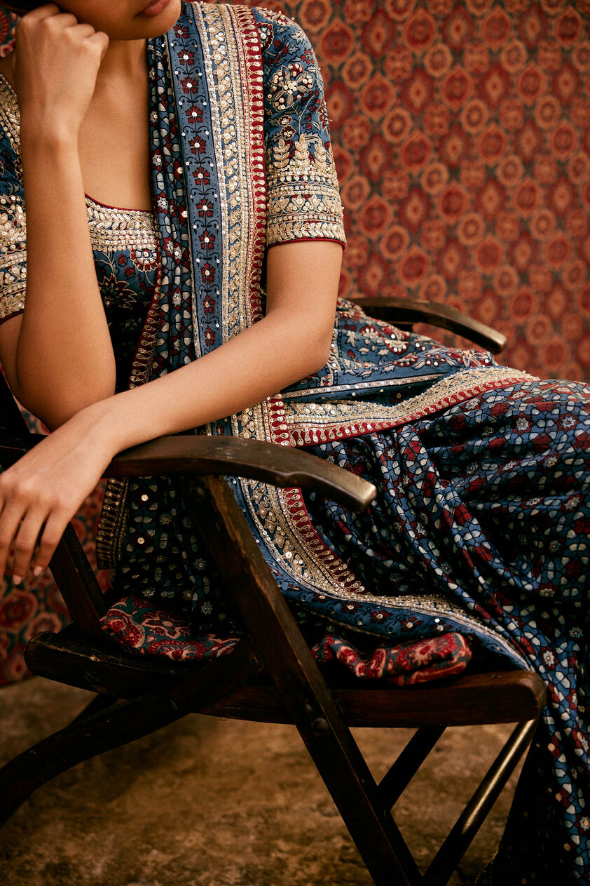 Akari Ajrakh Hand-block Printed Silk Saree - Blue, Blue, image 4