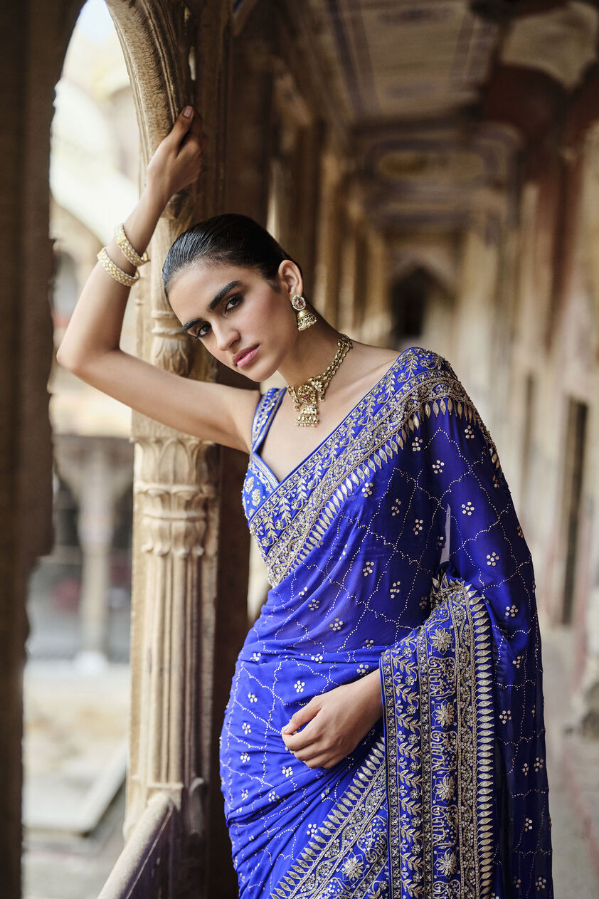 Anushna Handcrafted Badla Georgette Saree - Blue, Blue, image 3