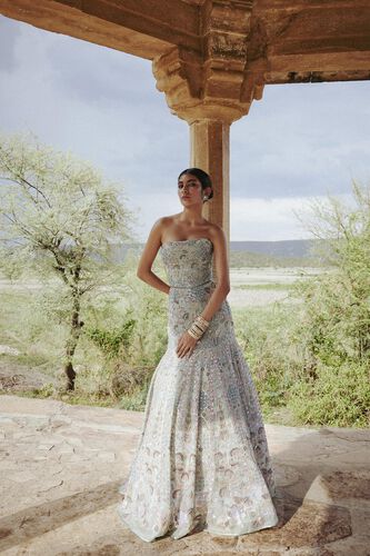 Kusha Embroidered Silk Skirt Set - Sage, Sage, image 1