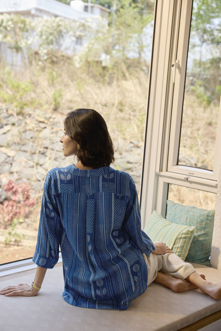 Laguna Hand-block Printed Mul Shirt - Indigo, Indigo, image 3