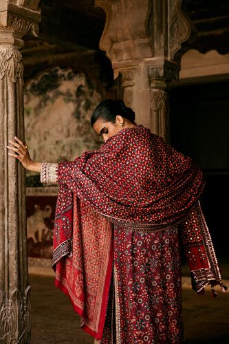 Kasano Ajrakh Hand-block Printed Silk Suit Set - Red, Red, image 3