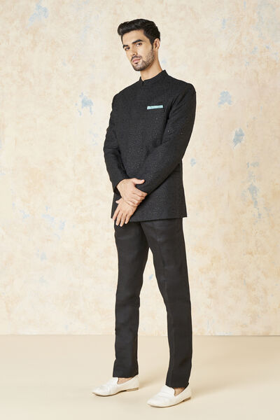 Anveer Embroidered Silk Bandhgala - Black