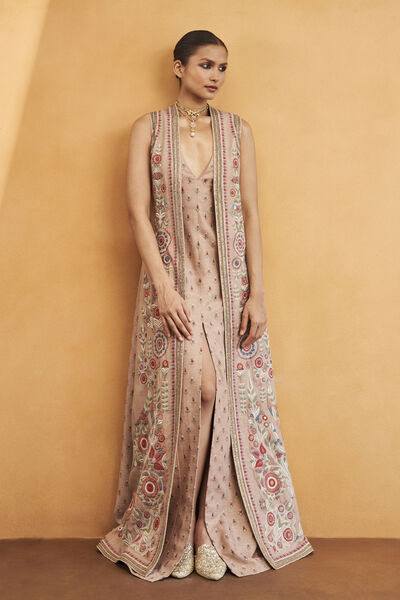 Symphony Of Flowers Embroidered Zardozi Silk Jacket Set - Hazelnut