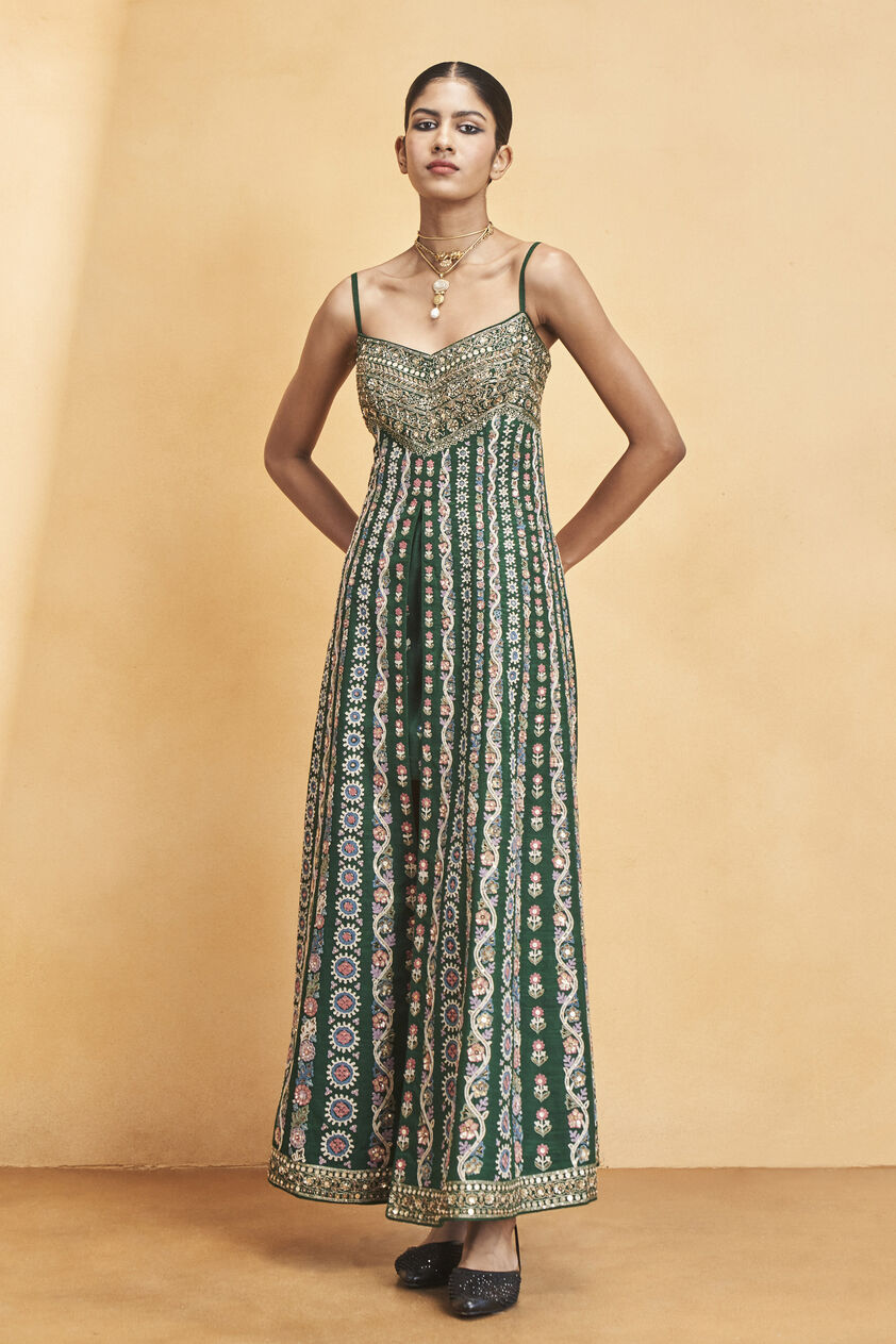 Sounds Of The Forest SEWA Hand-embroidered Silk Dress - Green, Green, image 1
