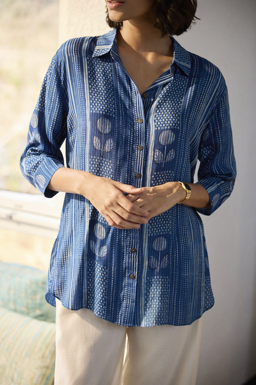 Laguna Hand-block Printed Mul Shirt - Indigo, Indigo, image 2