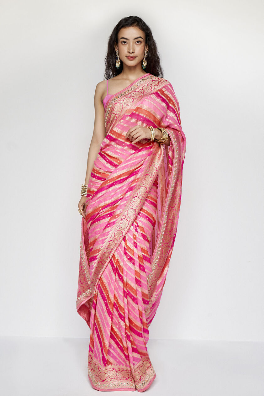 Aheli Benarasi Silk Embroidered Saree - Pink, Pink, image 2