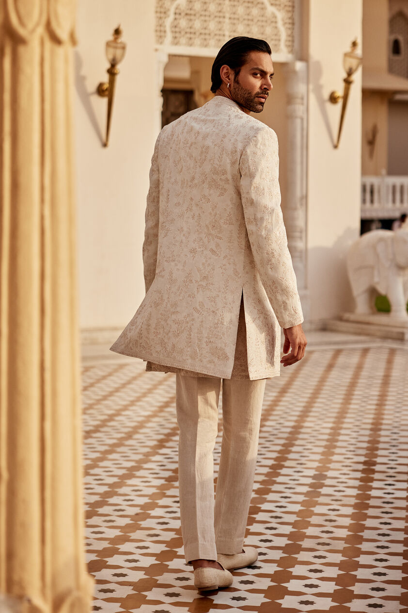 Areez Embroidered Silk Sherwani - Off White, Off White, image 2