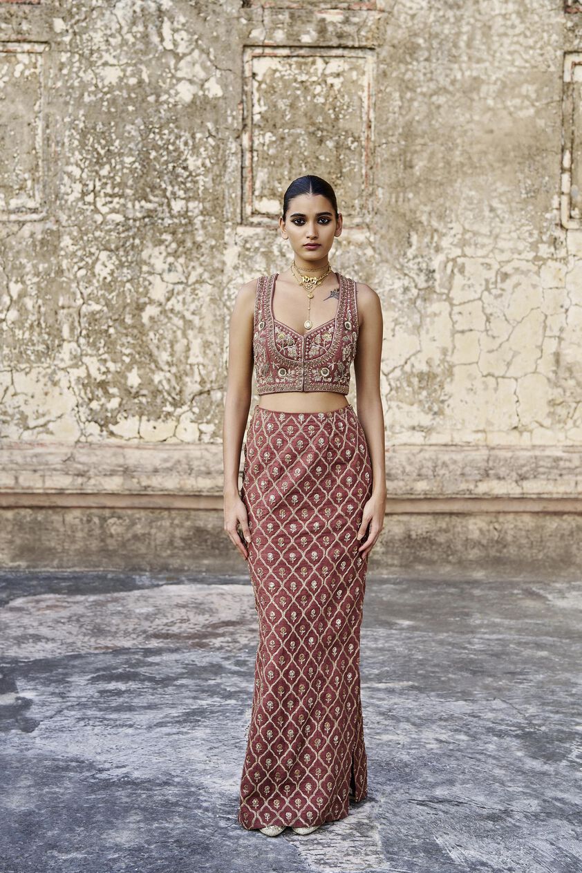 Ballad Of The Woods Embroidered Zardozi Silk Skirt Set - Brown, Brown, image 1