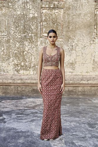 Ballad Of The Woods Embroidered Zardozi Silk Skirt Set - Brown, Brown, image 1