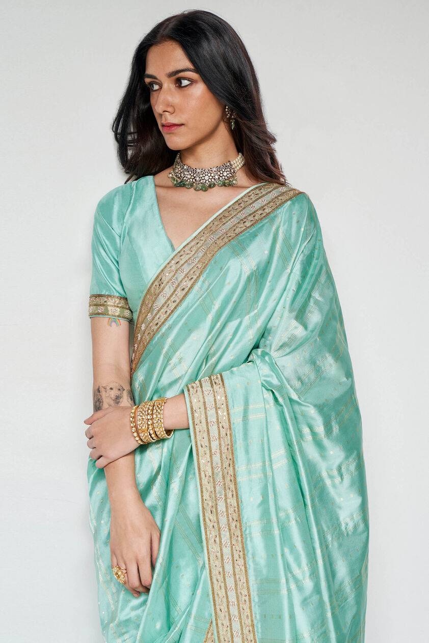 Mithila Benarasi Silk Embroidered Saree - Powder Blue, Powder Blue, image 3