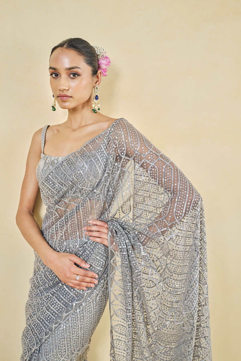 Refa Embroidered Saree - Grey, Grey, image 4