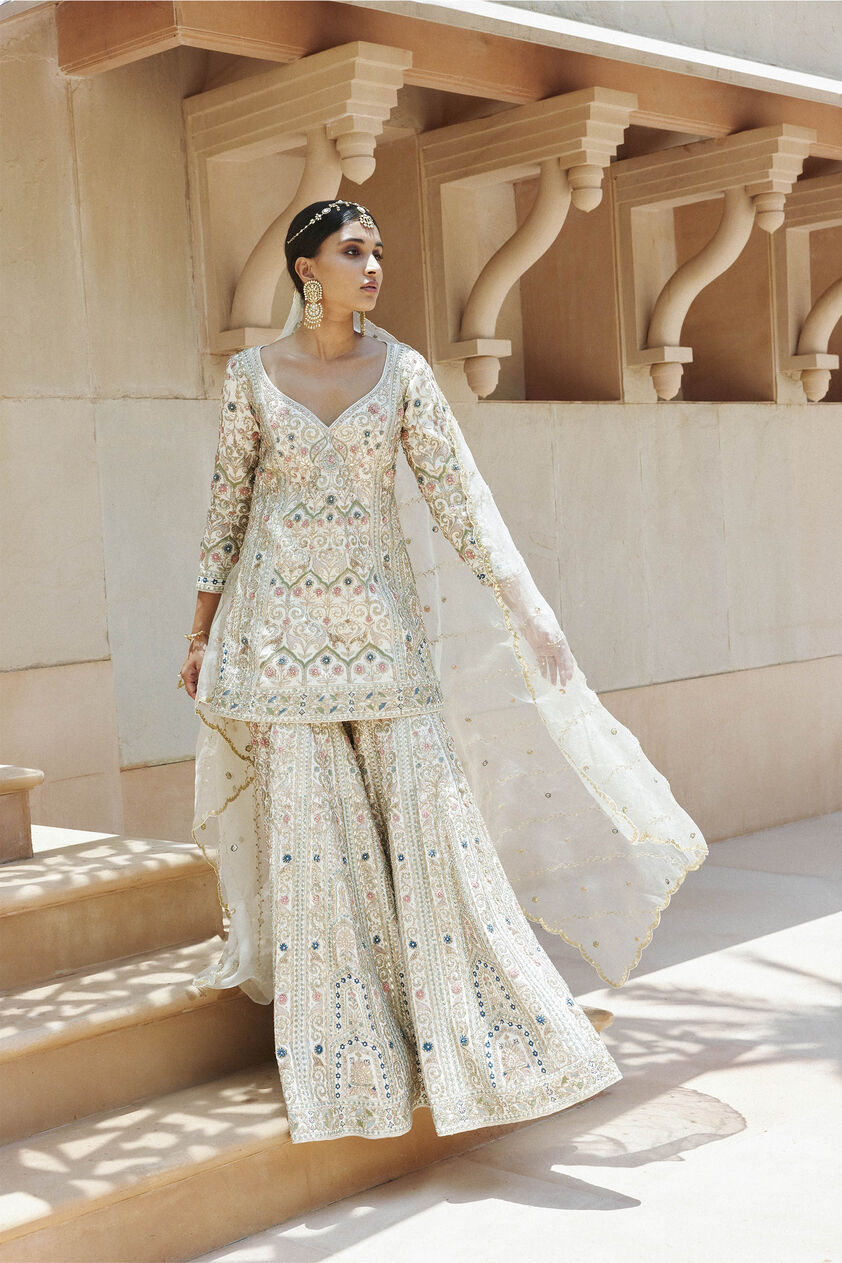 Chand Gota Patti & Resham Silk Gharara Set - Ivory, Ivory, image 1