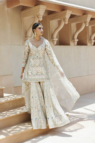 Chand Gota Patti & Resham Silk Gharara Set - Ivory, Ivory, image 1