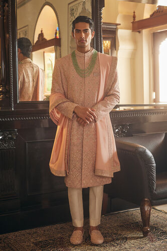 Numair Embroidered Silk Sherwani - Blush, Blush, image 1