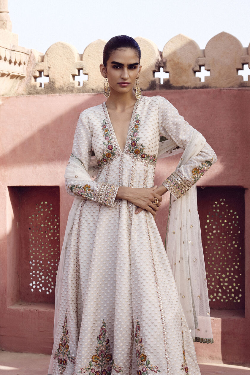 Akshi Handwoven Benarasi Cotton Anarkali Suit Set - Natural, Ivory, image 4