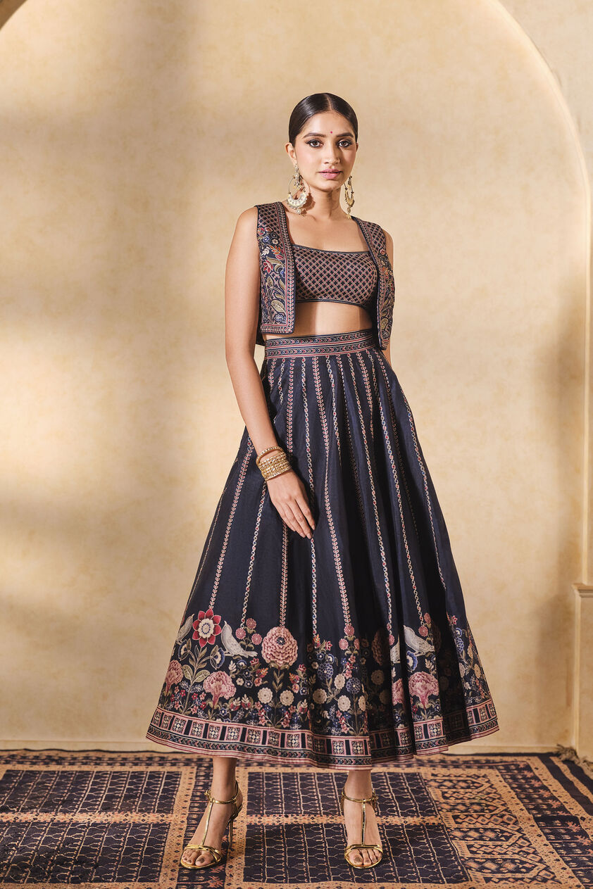 Moonlight Bloom Printed Silk Skirt Set - Blue, Blue, image 1