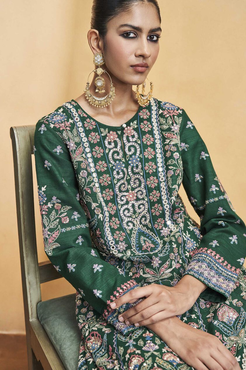 Serenade Of The Trees SEWA Hand-embroidered Silk Kurta Set - Green, Green, image 7