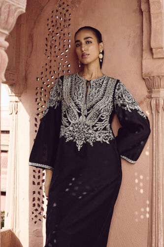 Sehrish Hand-embroidered Aari Silk Kaftan - Black, Black, image 3
