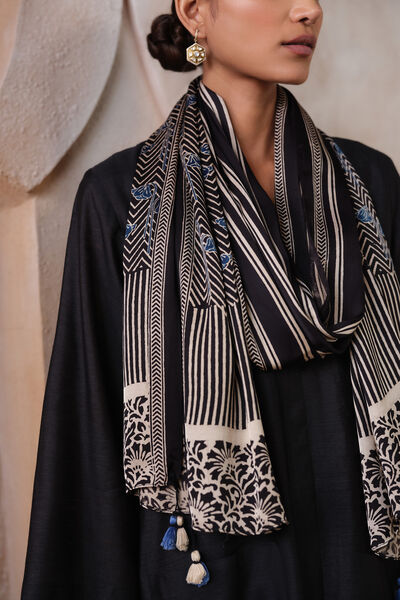 Iago Ajrakh Hand-block Printed Stole - Black