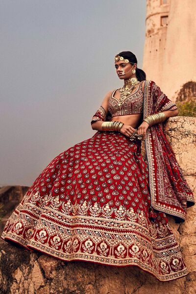 Laukya Ajarakh Lehenga Set- Red