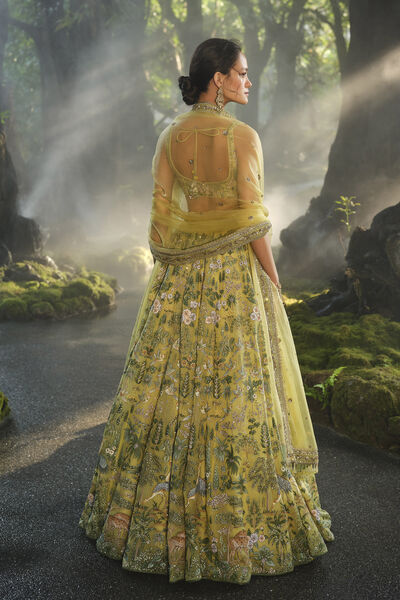 Meadowlark Hand-painted Pichhwai Silk Lehenga Set - Yellow