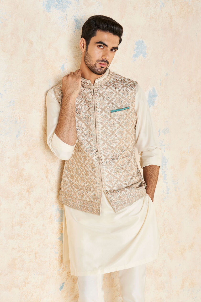 Rayan Embroidered Silk Nehru Jacket - Ivory, Ivory, image 6