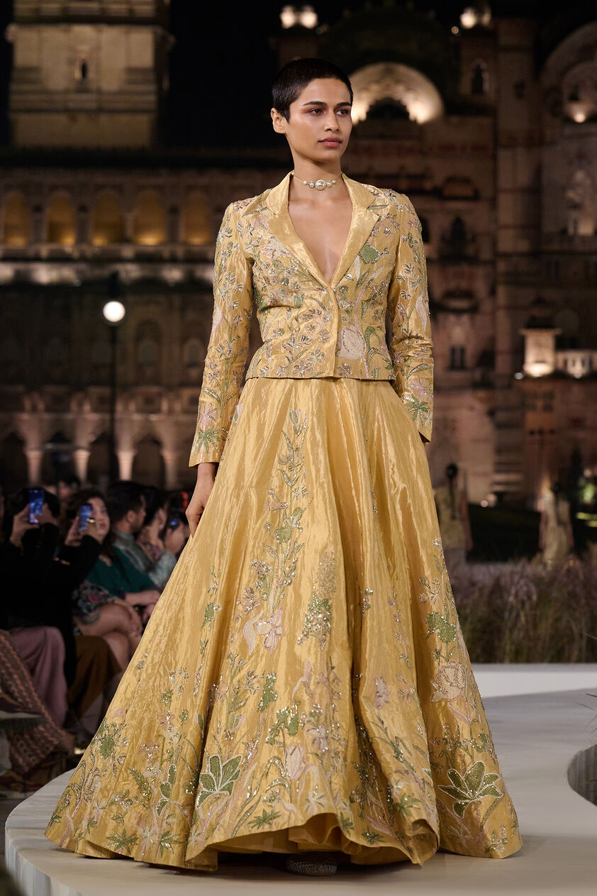 Summerfern Embroidered Applique Silk Lehenga Set - Gold, Gold, image 1