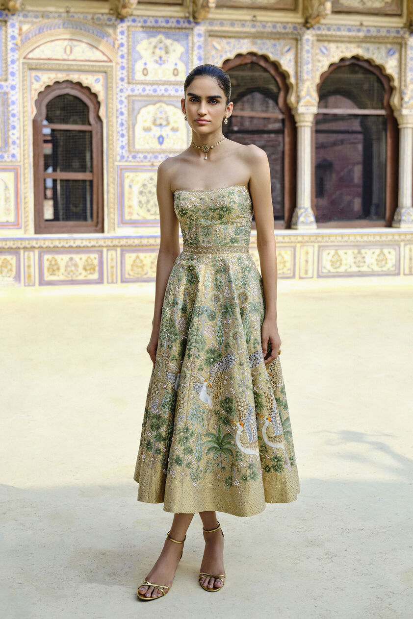 Avasa Hand-painted Pichhwai Silk Dress - Gold, Gold, image 3