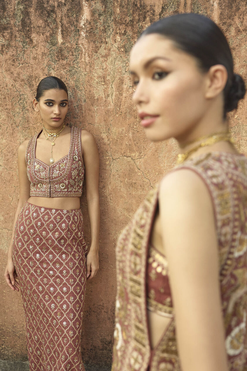 Ballad Of The Woods Embroidered Zardozi Silk Skirt Set - Brown, Brown, image 6