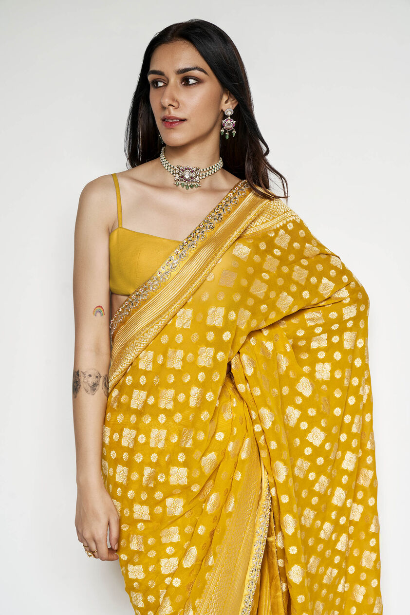 Chrisoula Benarasi Silk Gota Patti Saree - Yellow, Yellow, image 4