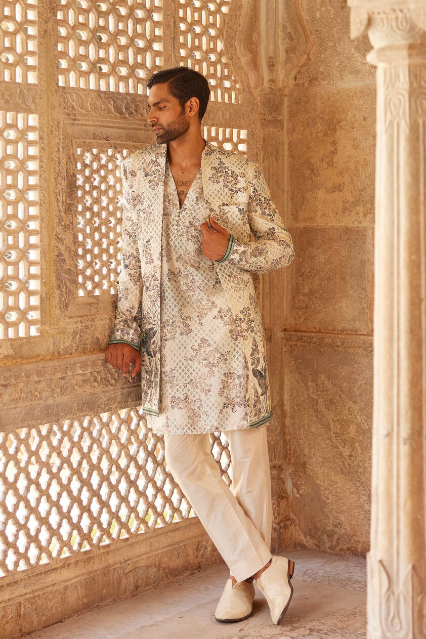 Rukham Printed Silk Sherwani - Ivory, Ivory, image 1