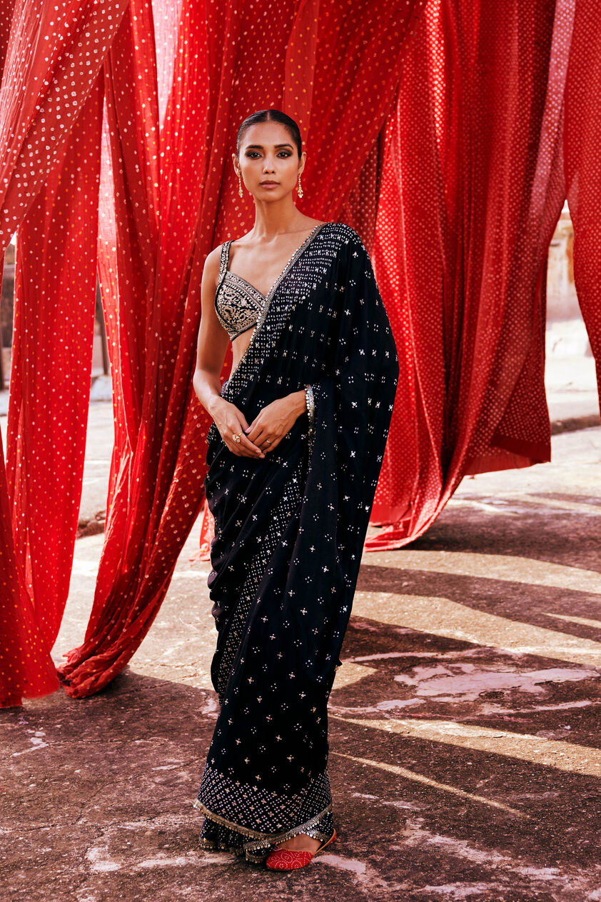 Bahi Handcrafted Bandhani Silk Saree, Black, image 1