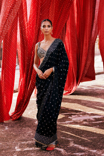 Bahi Handcrafted Bandhani Silk Saree, Black, image 1