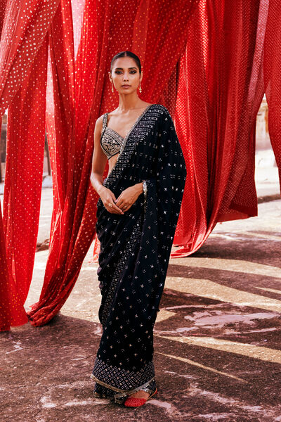 Bahi Handcrafted Bandhani Silk Saree - Black