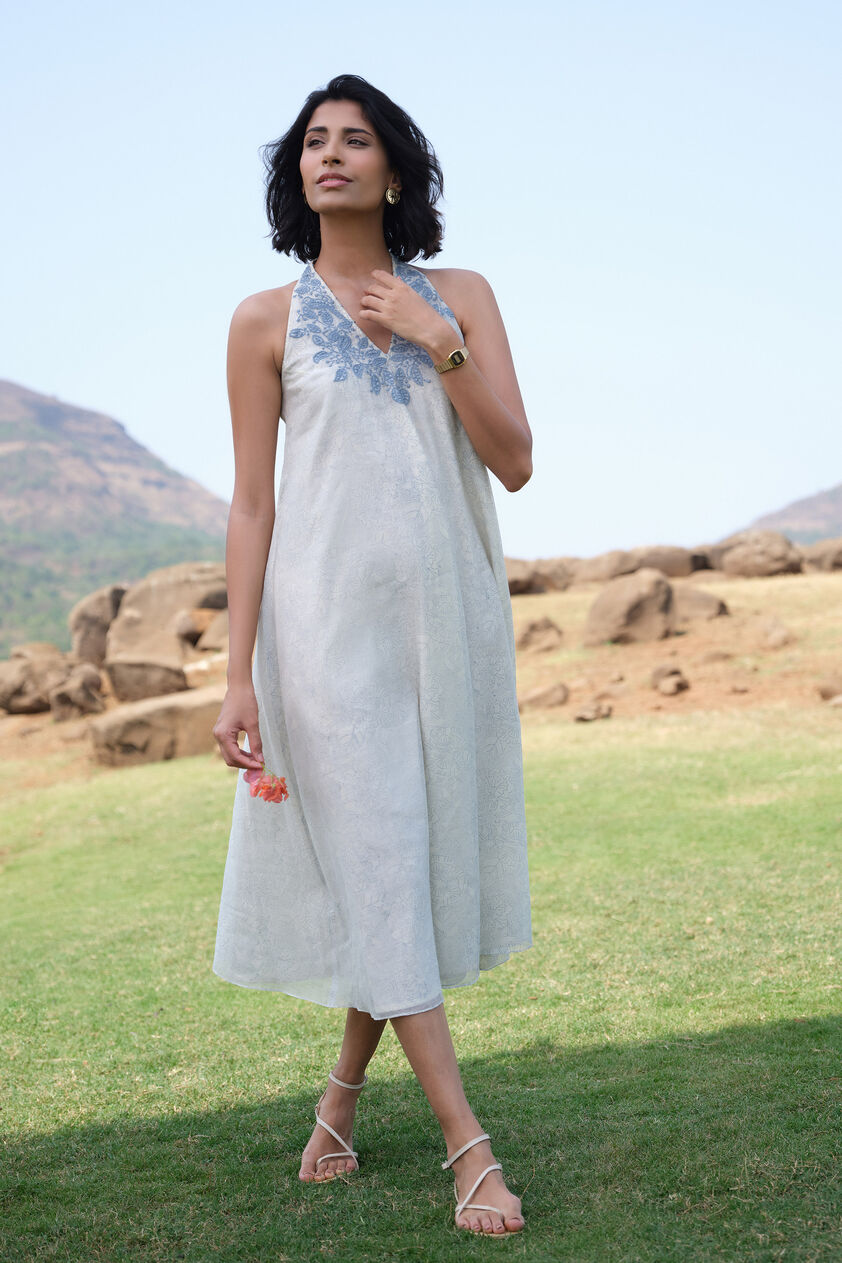 Aves Hand-block Printed Mul Dress - Blue, White, image 1