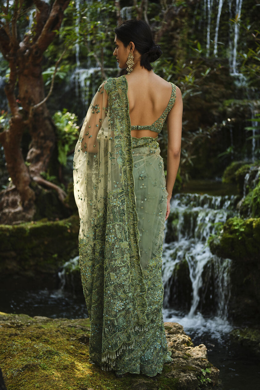Grassland Embroidered Saree - Green, Multi Color, image 2