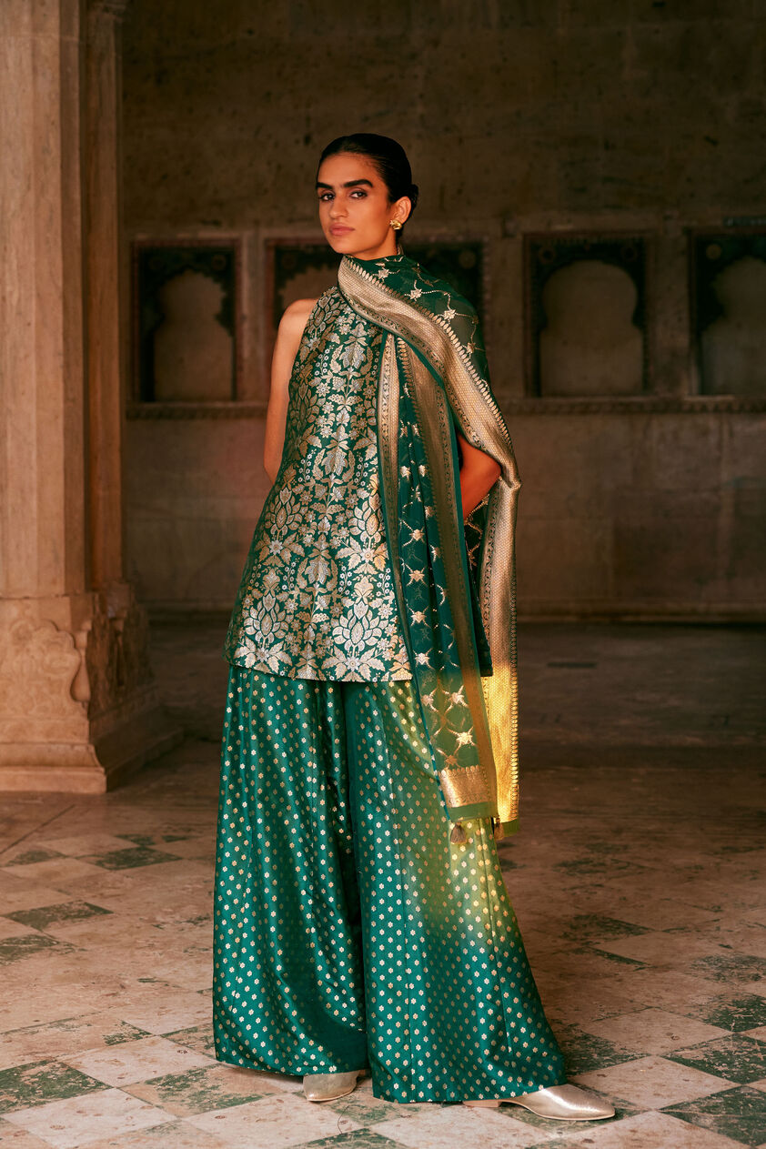 Swadha Handwoven Benarasi Silk Sharara Set - Green, Green, image 1
