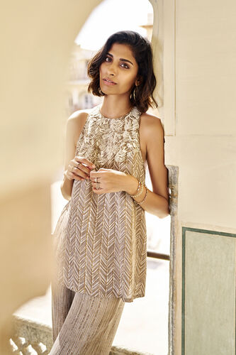 Inhale Embroidered Hand-block Print & Gold Khadi Coord - Grey, Grey, image 4