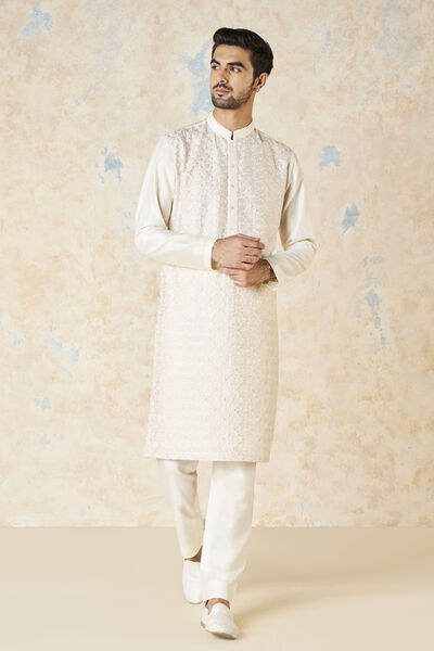 Adhikrit Embroidered Silk Kurta - White