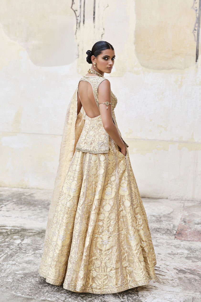 Ramsha Handwoven Benarasi Silk Lehenga Set - Gold, Gold, image 2