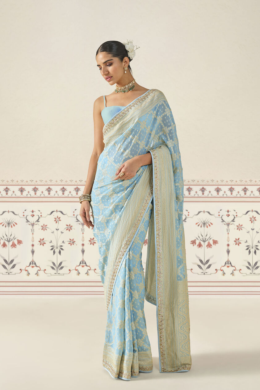 Gul Handwoven Benarasi Gota Patti Silk Saree - Powder Blue, Powder Blue, image 1